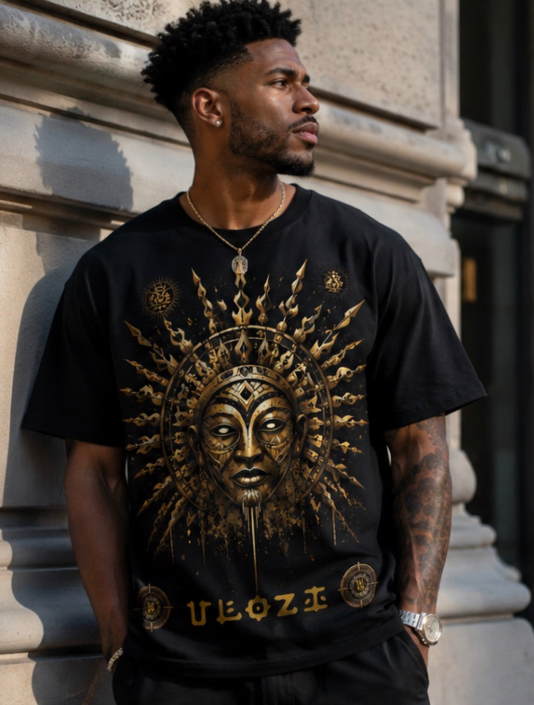 Ulozi Tribal Sun God Mask Heavyweight T-Shirt